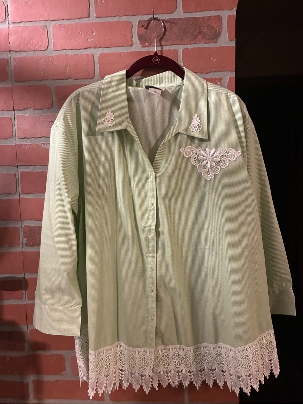 Lace-Hem Light Green Button-Down Shirt
